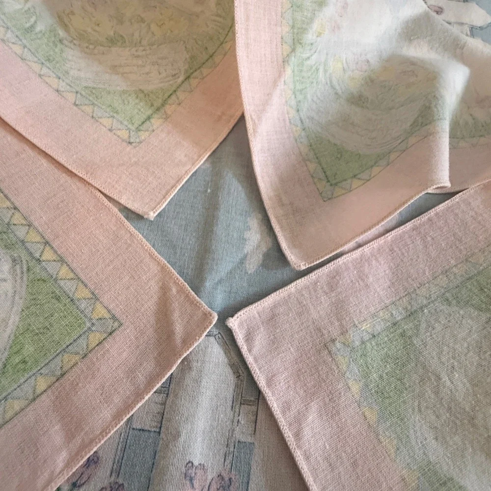 Vintage Pastel Garden Picnic Napkins Set‎ of 3 Pink Blue White Fence Floral 16in